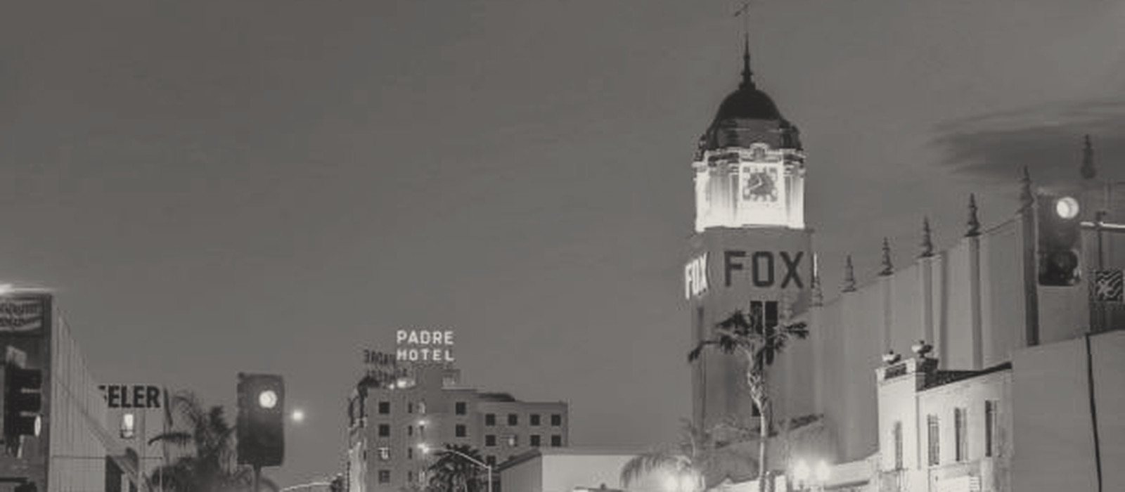 Downtown Bakersfield at dusk with the Fox Theater and Padre Hotel